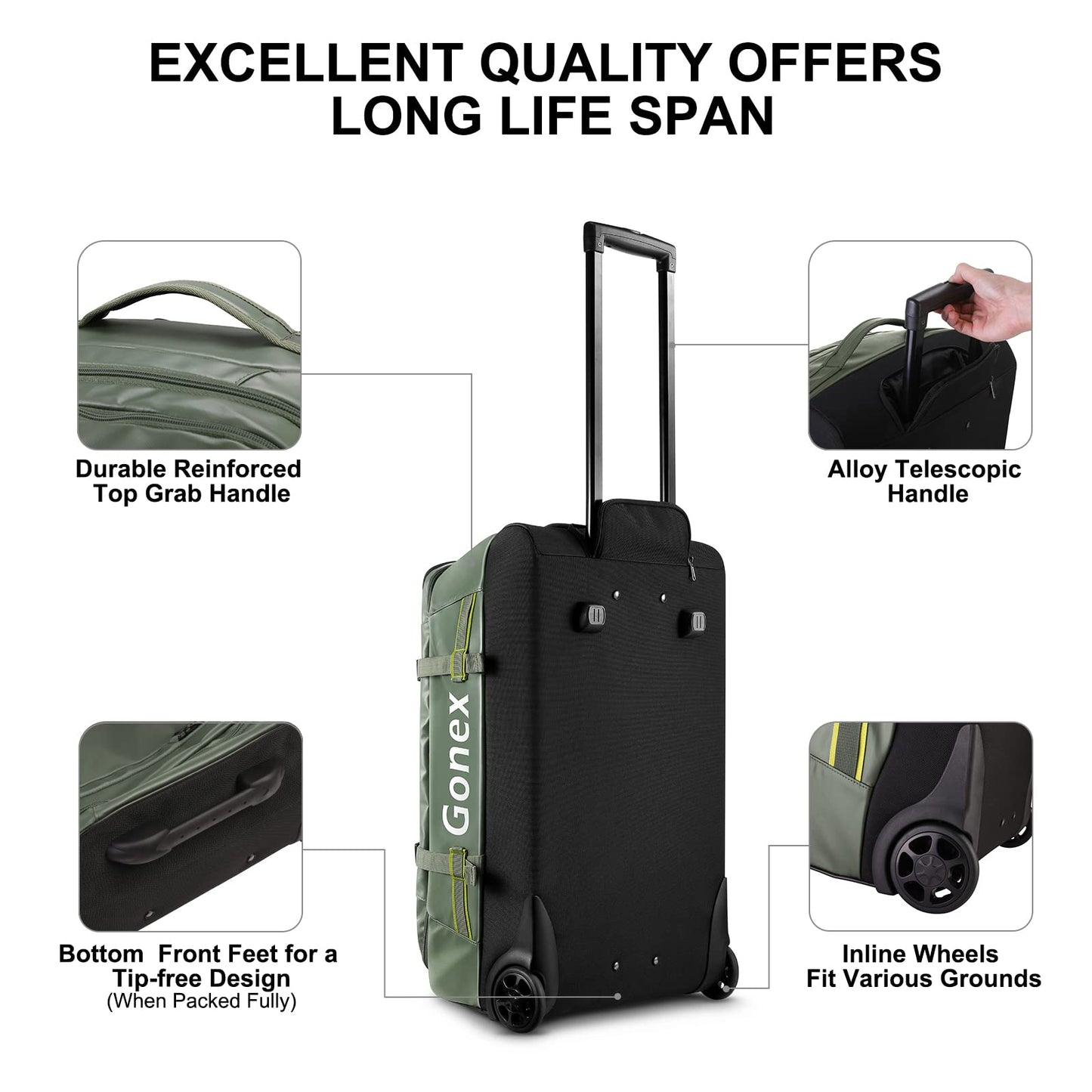 Gonex 70L Wheeled Duffle - Olive Green Travel Bag