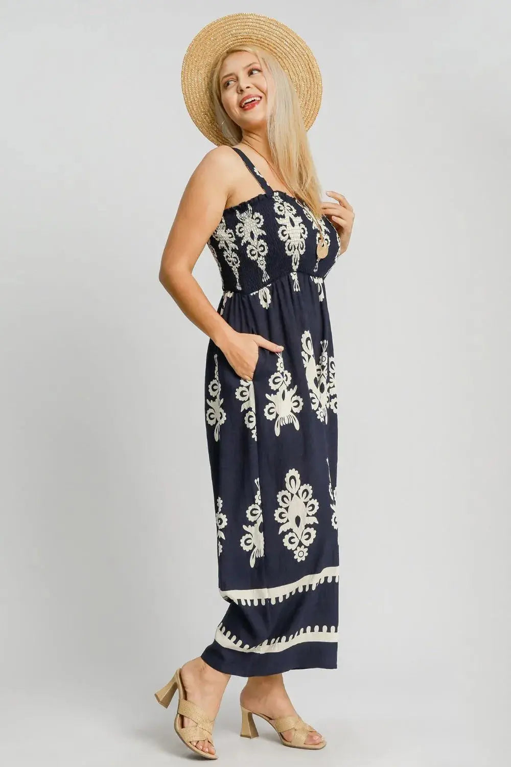 Umgee Full Size Smocked Printed Wide Leg Jumpsuit Plus Size.