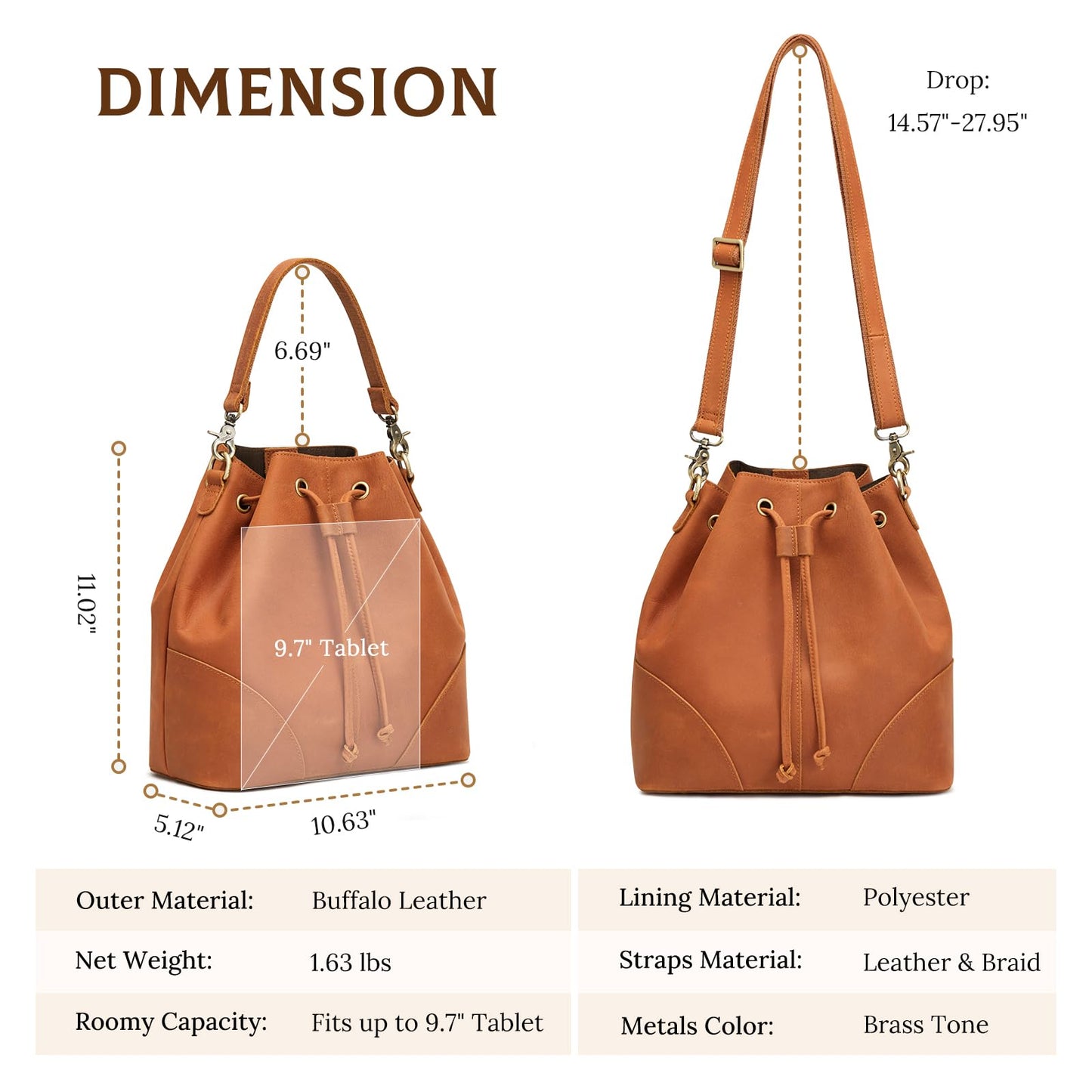S-ZONE Luxe Leather Drawstring Bucket Bag
