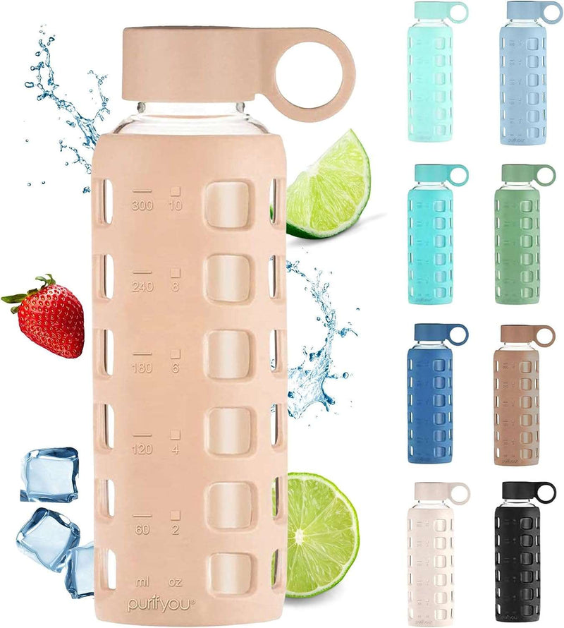 40/32 / 22/12 oz Glass Water Bottles with Volume & Times to Drink, Silicone Sleeve & Stainless Steel Lid Insert, Reusable Bottle for Fridge Water, Milk, Juice (12oz Hazelnut) - Premium Glass Water Bottles from Brand: purifyou - Just $23.99! Shop now at Handbags Specialist Headquarter