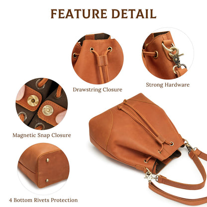 S-ZONE Luxe Leather Drawstring Bucket Bag