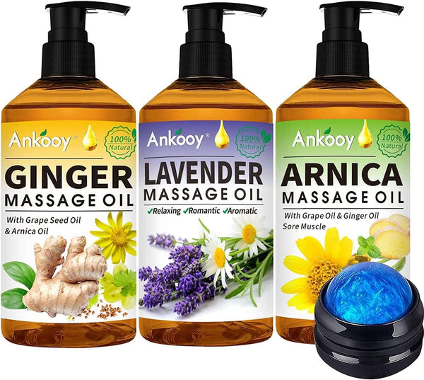 3 Pack Massage Oil for Massage Therapy with Massage Roller Ball, Ginger Oil Lymphatic Drainage & Arnica Sore Muscle Oil & Lavender Relaxing Massage Oils-Spa Massage Kit Valentines Day Gifts for Men Women - Premium Health Care from Brand: ANKOOY - Just $32.99! Shop now at Handbags Specialist Headquarter