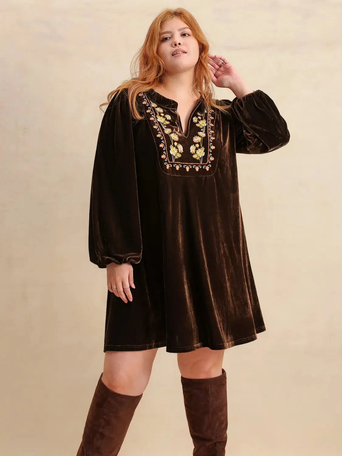 Plus Size Embroidered Notched Balloon Sleeve Mini Dress.