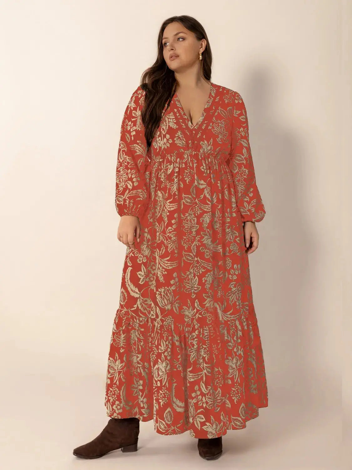 Plus Size Lace Detail Printed Balloon Sleeve Midi Dress.