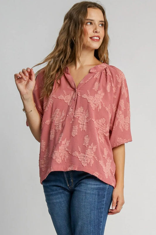 Umgee Full Size Notched Button Detail Half Sleeve Blouse Plus Size - Premium Dresses from Trendsi - Just $46.99! Shop now at Handbags Specialist Headquarter