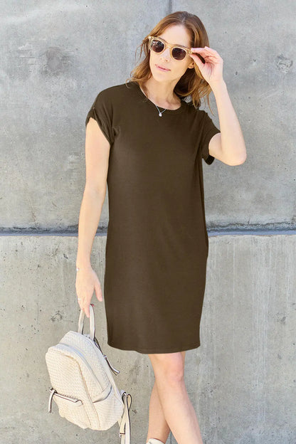 Basic Bae Full Size Round Neck Short Sleeve Dress with Pockets.