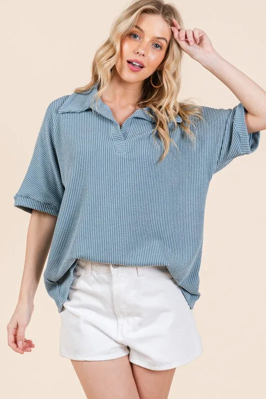 BOMBOM Ribbed Collared Neck Top - Premium Women / Jeans & Denim from Trendsi - Just $34.46! Shop now at Handbags Specialist Headquarter