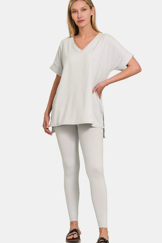 Zenana V-Neck Rolled Short Sleeve T-Shirt and Leggings Lounge Set - Premium Sleepwear from Trendsi - Just $30.94! Shop now at Handbags Specialist Headquarter