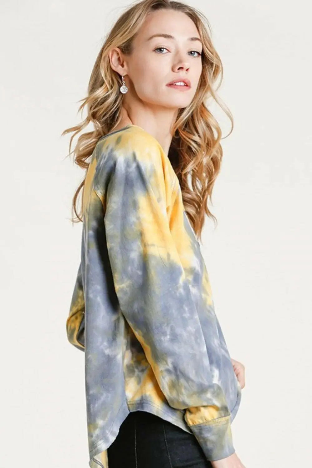 Umgee Full Size Tie Dye Button Front Long Raglan Sleeve Top Plus Size.