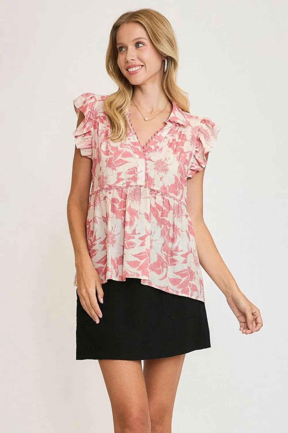 Umgee Full Size Botanical Print Babydoll Top Plus Size.