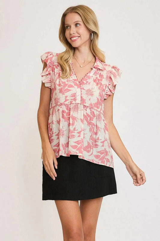 Umgee Full Size Botanical Print Babydoll Top Plus Size.
