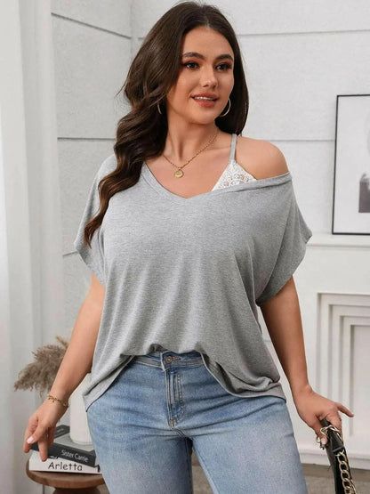 Plus Size Asymmetrical Neck Short Sleeve T-Shirt.