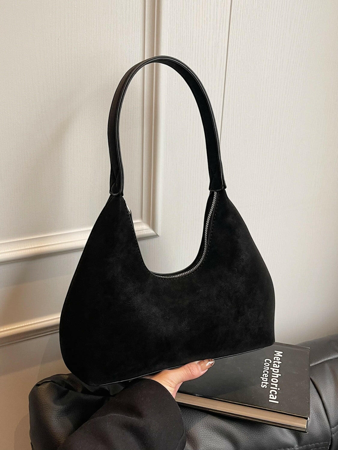 Suede Shoulder Bag with Zip.