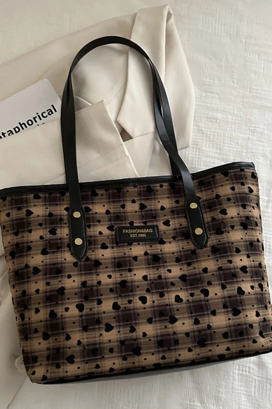 Heart Plaid PU Leather Strap Tote Bag - Premium Tote Bag from Trendsi - Just $29.99! Shop now at Handbags Specialist Headquarter