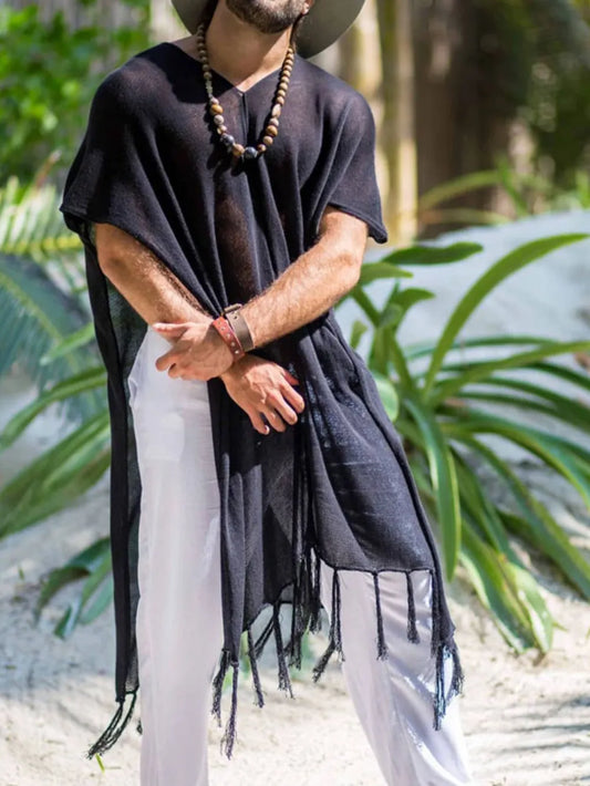 Men's Full Size Fringe V-Neck Half Sleeve Cover Up Plus Size - Premium Men's T Shirt from Trendsi - Just $35.28! Shop now at Handbags Specialist Headquarter