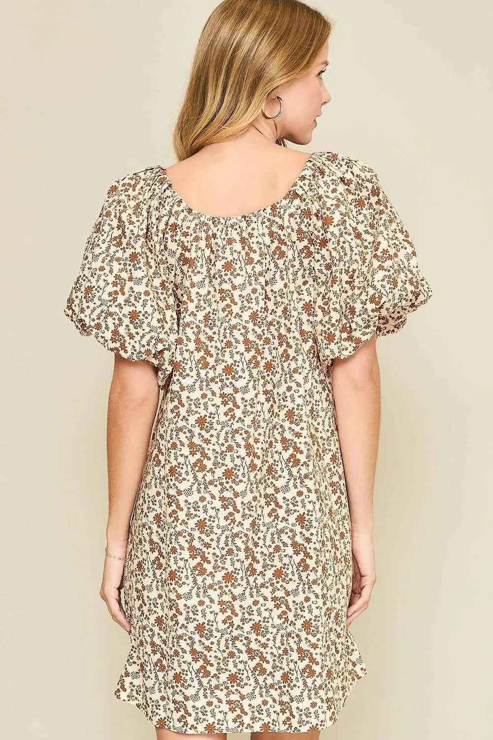 Umgee Full Size Lace Tape Drawstring Floral Puff Sleeve Mini Dress Plus Size.