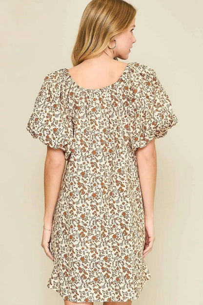 Umgee Full Size Lace Tape Drawstring Floral Puff Sleeve Mini Dress Plus Size.
