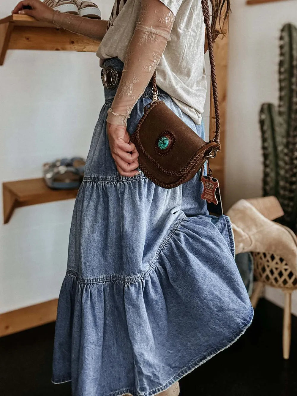 Tiered Button-Fly Denim Skirt - Premium Skirts from Trendsi - Just $52.99! Shop now at Handbags Specialist Headquarter