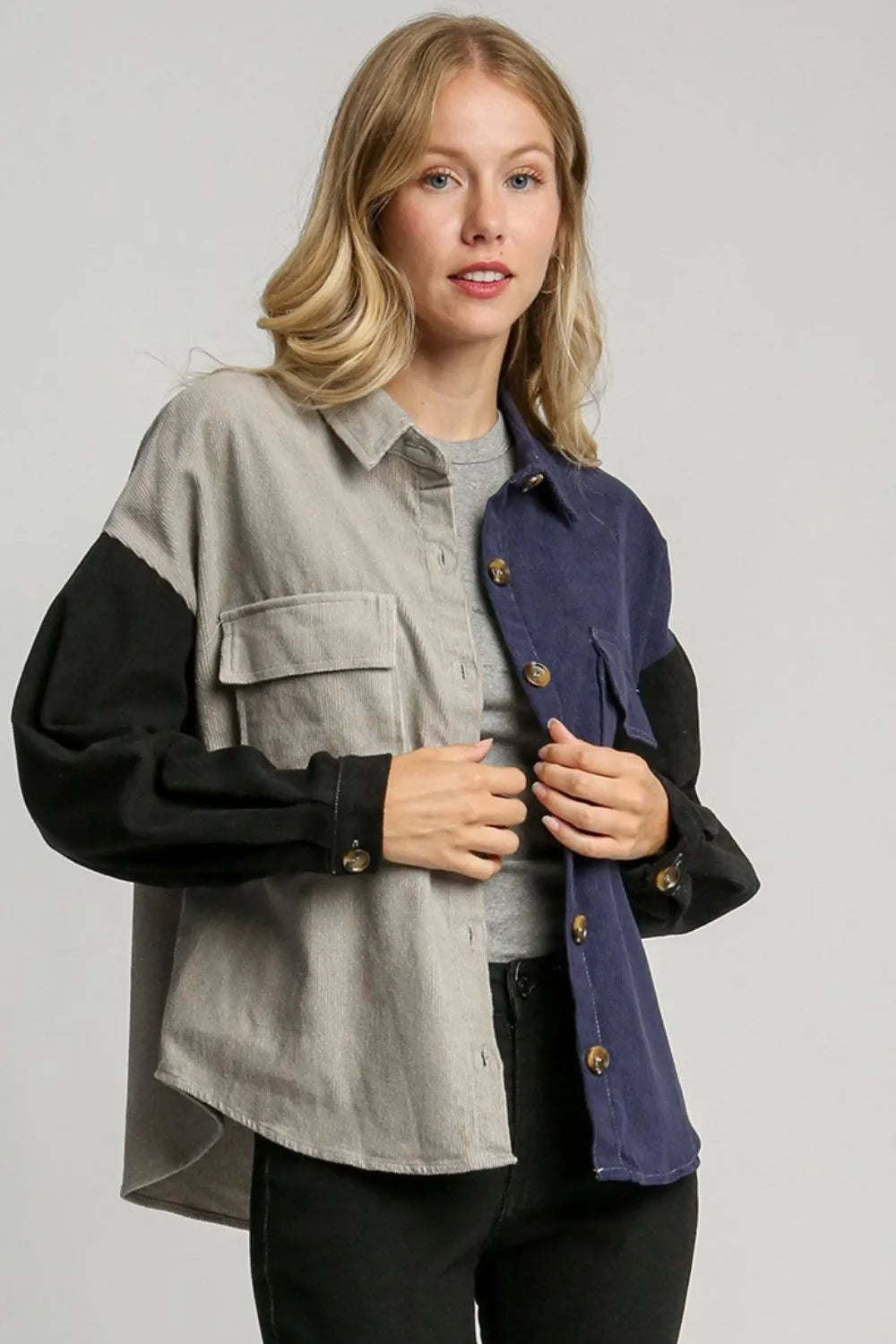 Umgee Full Size Color Block Button Down Jacket Plus Size - Premium Dresses from Trendsi - Just $46.99! Shop now at Handbags Specialist Headquarter
