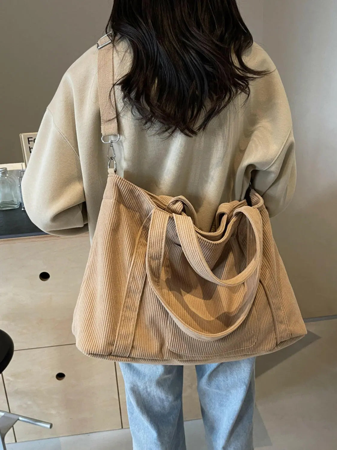 Corduroy Solid Large Tote Bag - Premium Tote Bag from Trendsi - Just $28.48! Shop now at Handbags Specialist Headquarter