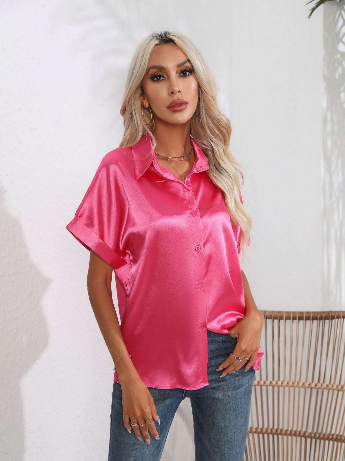 Button Down Collared Neck Short Sleeve Satin Shirt - Premium Women / Tops from Trendsi - Just $18.76! Shop now at Handbags Specialist Headquarter