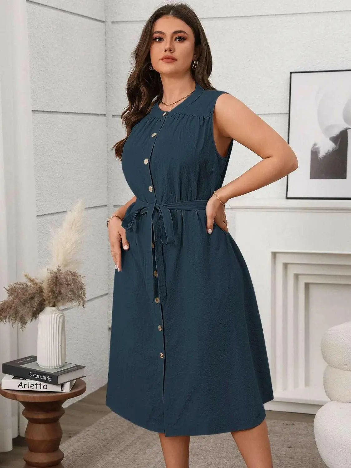 Plus Size Button Front Tie Waist Sleeveless Dress.