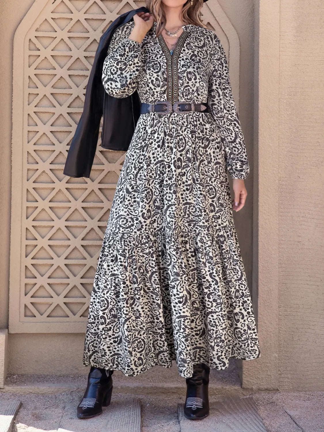 Printed Notched Long Sleeve Maxi Dress - Premium Maxi Dress from Trendsi - Just $40.99! Shop now at Handbags Specialist Headquarter