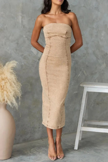 Slit Back Tube Denim Dress - Premium Women / Jeans & Denim from Trendsi - Just $46.80! Shop now at Handbags Specialist Headquarter