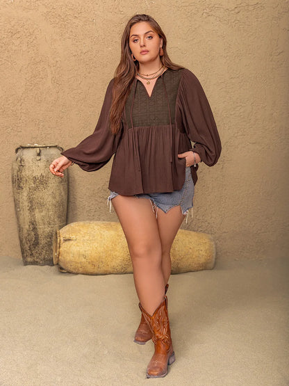 Plus Size Tie Neck Balloon Sleeve Blouse - Premium Plus Size Shirts from Trendsi - Just $37.48! Shop now at Handbags Specialist Headquarter
