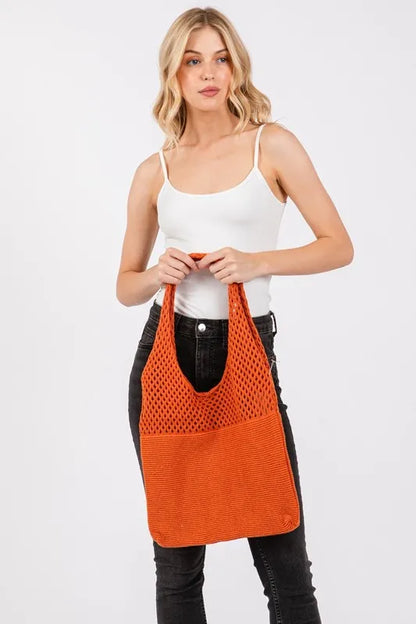 Fame Half Pointelle Knit Tote Bag - Premium Tote Bag from Trendsi - Just $27.99! Shop now at Handbags Specialist Headquarter
