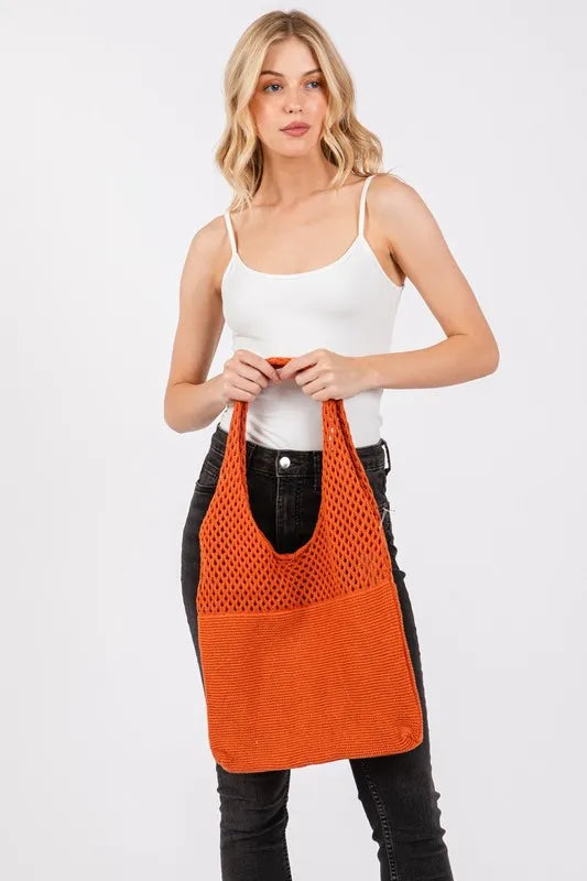 Fame Half Pointelle Knit Tote Bag - Premium Tote Bag from Trendsi - Just $27.99! Shop now at Handbags Specialist Headquarter