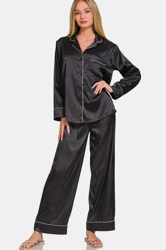 Zenana Satin Long Sleeve Shirt and Pants Pajama Set - Premium Sleepwear from Trendsi - Just $50.36! Shop now at Handbags Specialist Headquarter