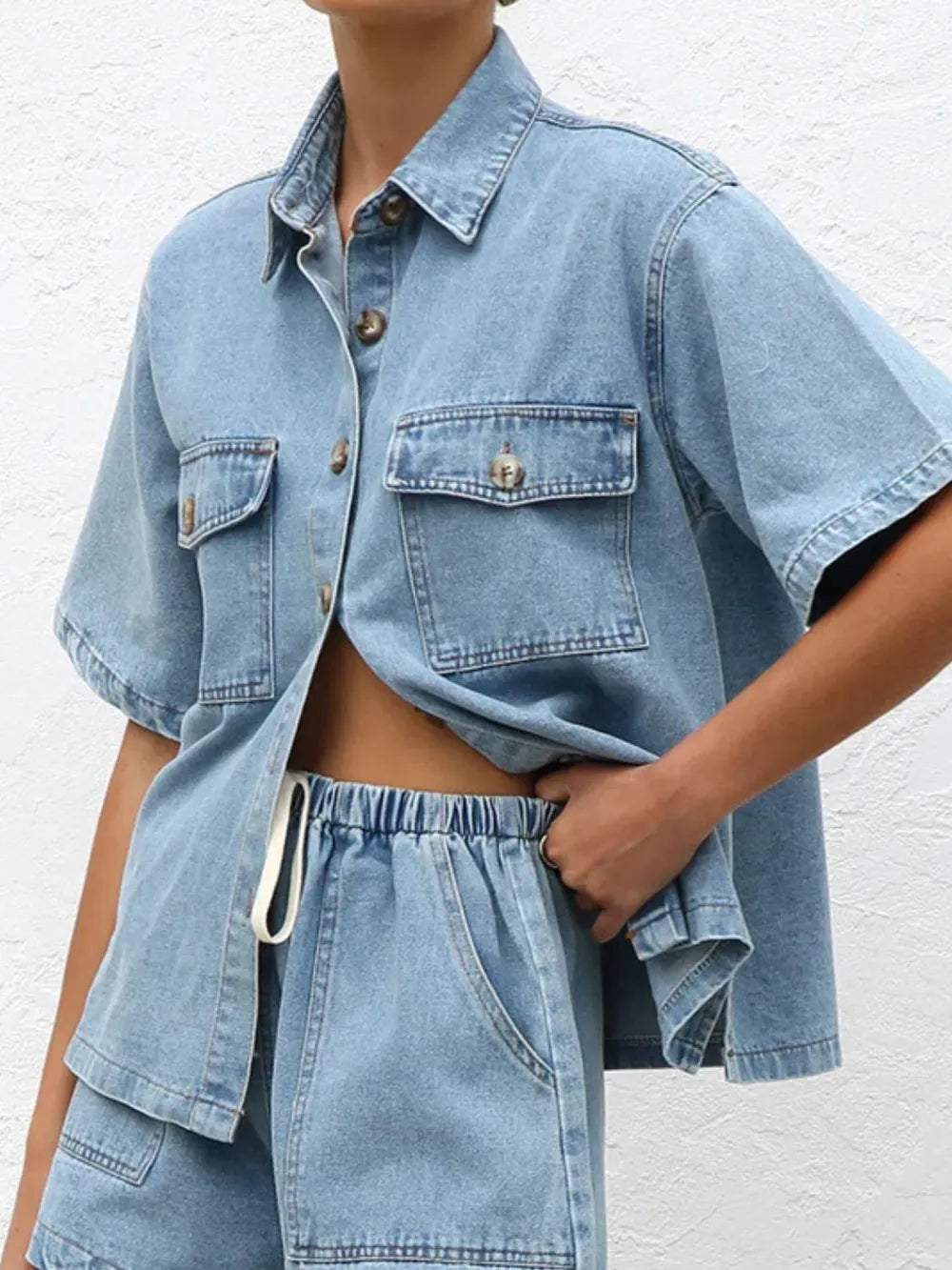 Button Up Half Sleeve Denim Shirt - Premium Women / Jeans & Denim from Trendsi - Just $34.56! Shop now at Handbags Specialist Headquarter