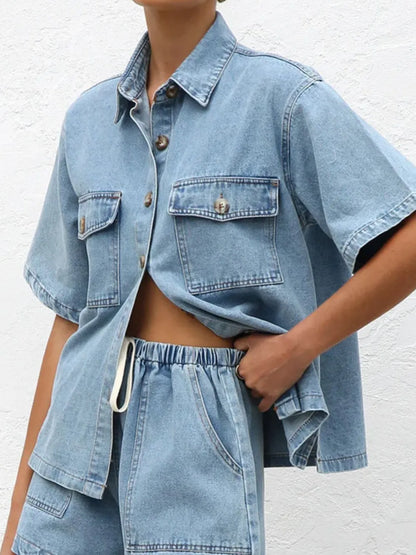 Button Up Half Sleeve Denim Shirt - Premium Women / Jeans & Denim from Trendsi - Just $34.56! Shop now at Handbags Specialist Headquarter
