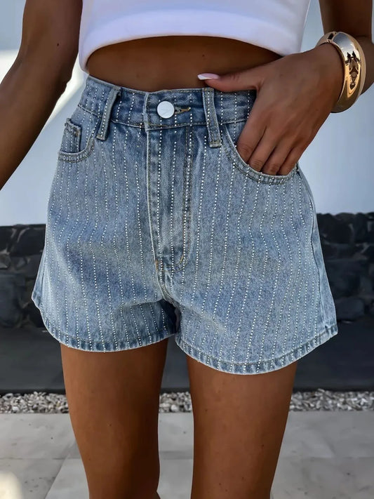 Rhinestone High Rise Denim Shorts - Premium Women / Jeans & Denim from Trendsi - Just $27.20! Shop now at Handbags Specialist Headquarter