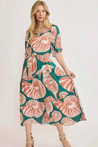 Umgee Full Size Printed Notched Puff Sleeve Midi Dress Plus Size.