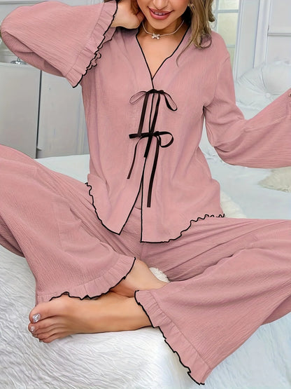 Contrast Trim Bow Tie Shirt and Pants Lounge Set - Premium Sleepwear from Trendsi - Just $31.99! Shop now at Handbags Specialist Headquarter