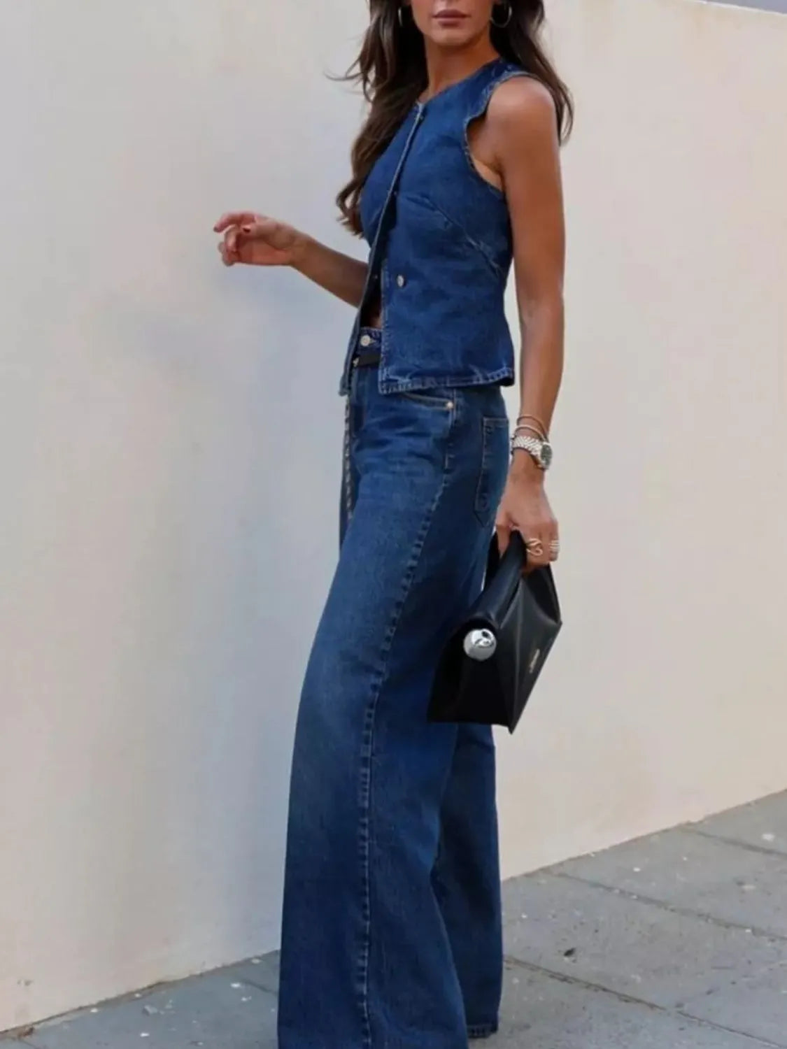 Button Down Vest and Flare Jeans Denim Set - Premium Women / Jeans & Denim from Trendsi - Just $71.50! Shop now at Handbags Specialist Headquarter
