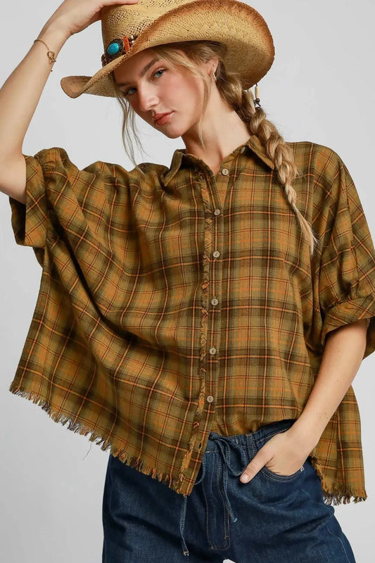 Umgee Full Size Raw Hem Plaid Collared Neck Half Sleeve Shirt Plus Size - Premium Dresses from Trendsi - Just $46.99! Shop now at Handbags Specialist Headquarter