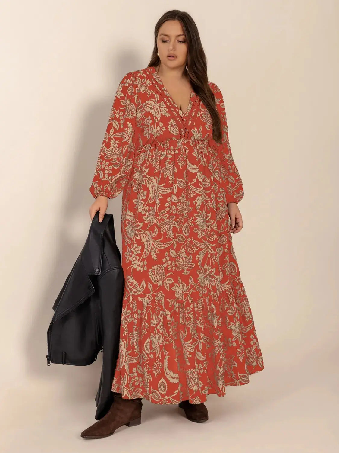 Plus Size Lace Detail Printed Balloon Sleeve Midi Dress.