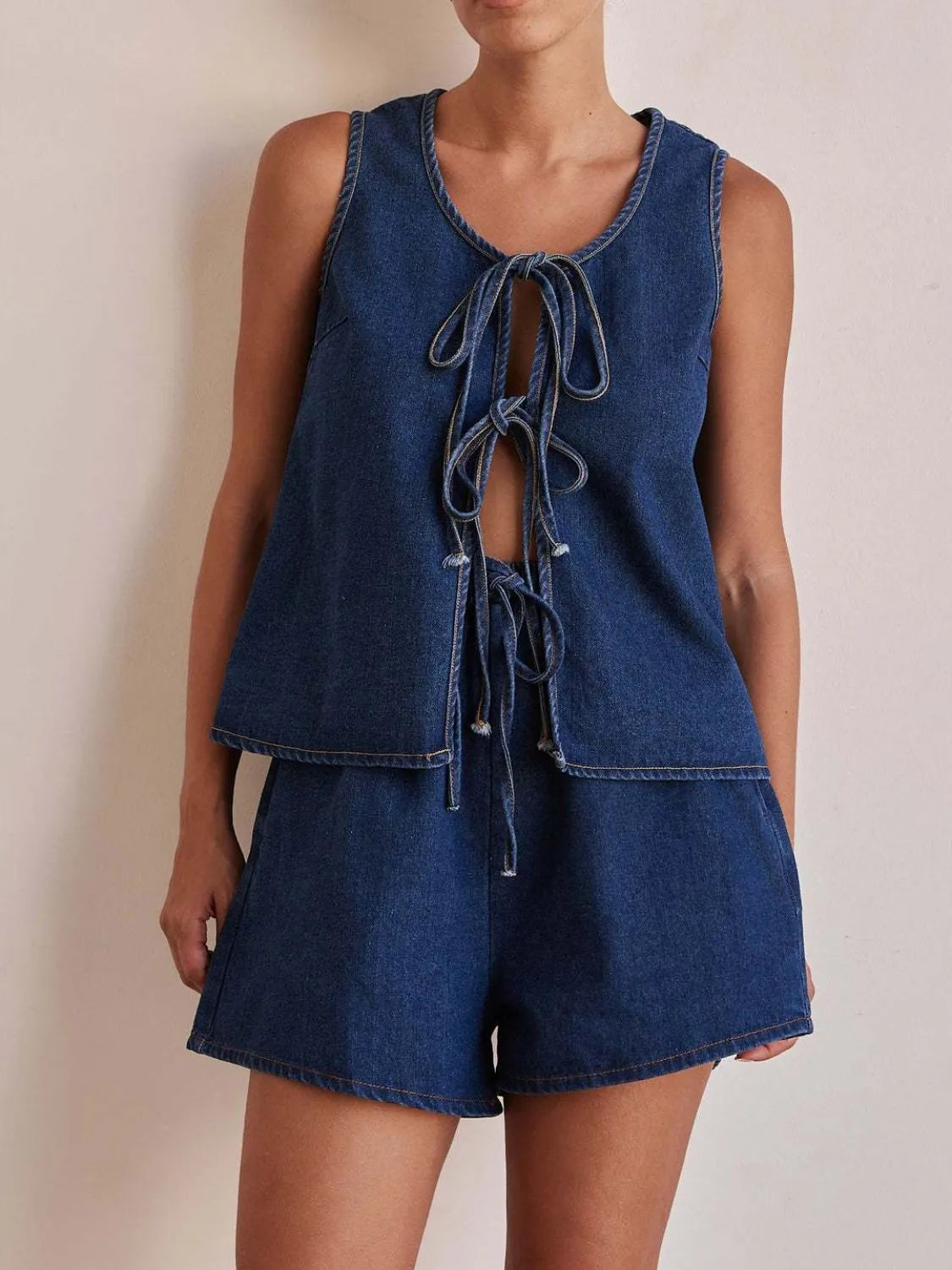 Tie Front Vest and Shorts Denim Set - Premium Women / Jeans & Denim from Trendsi - Just $61.94! Shop now at Handbags Specialist Headquarter