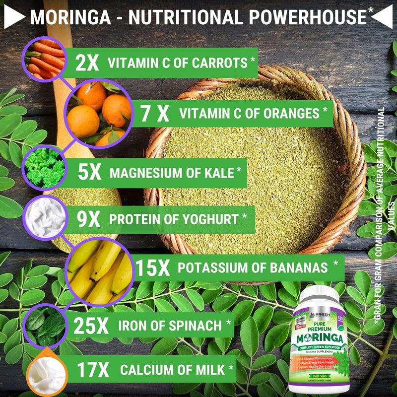 FRESH HEALTHCARE Moringa Oleifera 180 Capsules – 100% Pure Leaf Powder - 3 Month Supply - Non GMO and Gluten Free - Complete Green Superfood Supplement - Energy, Metabolism and Immune Support - Premium Health Care from Visit the FRESH HEALTHCARE Store - Just $39.99! Shop now at Handbags Specialist Headquarter