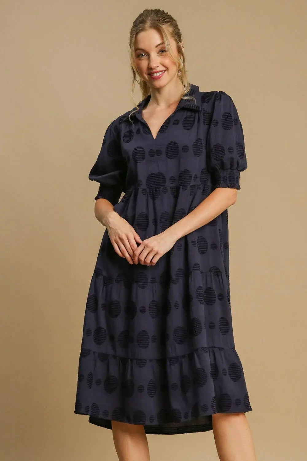 Umgee Full Size Swiss Dot Jacquard Tiered Midi Dress Plus Size.