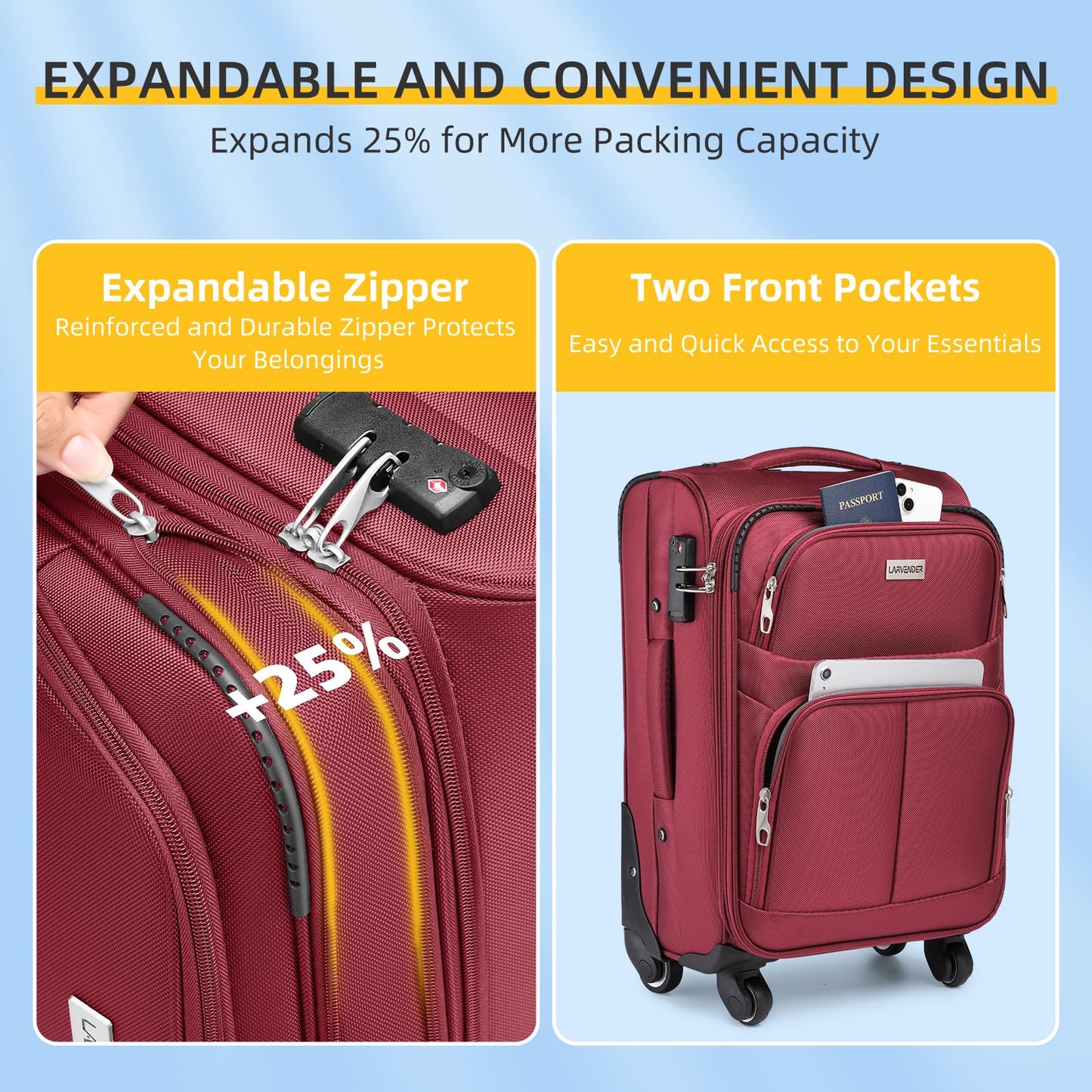 LARVENDER Expandable 5-Piece Spinner Luggage Set