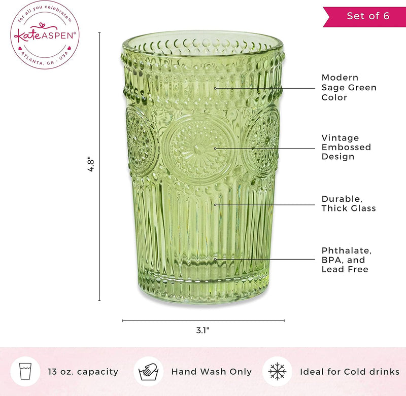 Vintage Textured Sage Green Striped Drinking Glasses Set of 6, Ribbed Flower Design, 13 oz Cocktail Water Tumblers Glassware Set - Premium Glass Sets. from Visit the Kate Aspen Store - Just $39.99! Shop now at Handbags Specialist Headquarter