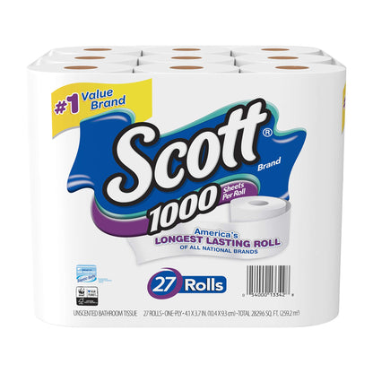 Scott 1000 Toilet Paper, 32 Rolls, Septic-Safe, 1-Ply Toilet Tissue