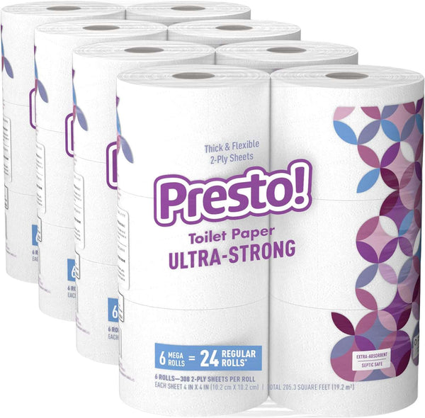 308-Sheet Mega Roll 2-Ply Toilet Paper, Ultra-Strong, 24 Rolls (4 Packs of 6), Equivalent to 96 Regular Rolls, White - Premium Toilet Paper from Visit the Presto! Store - Just $49.99! Shop now at Handbags Specialist Headquarter