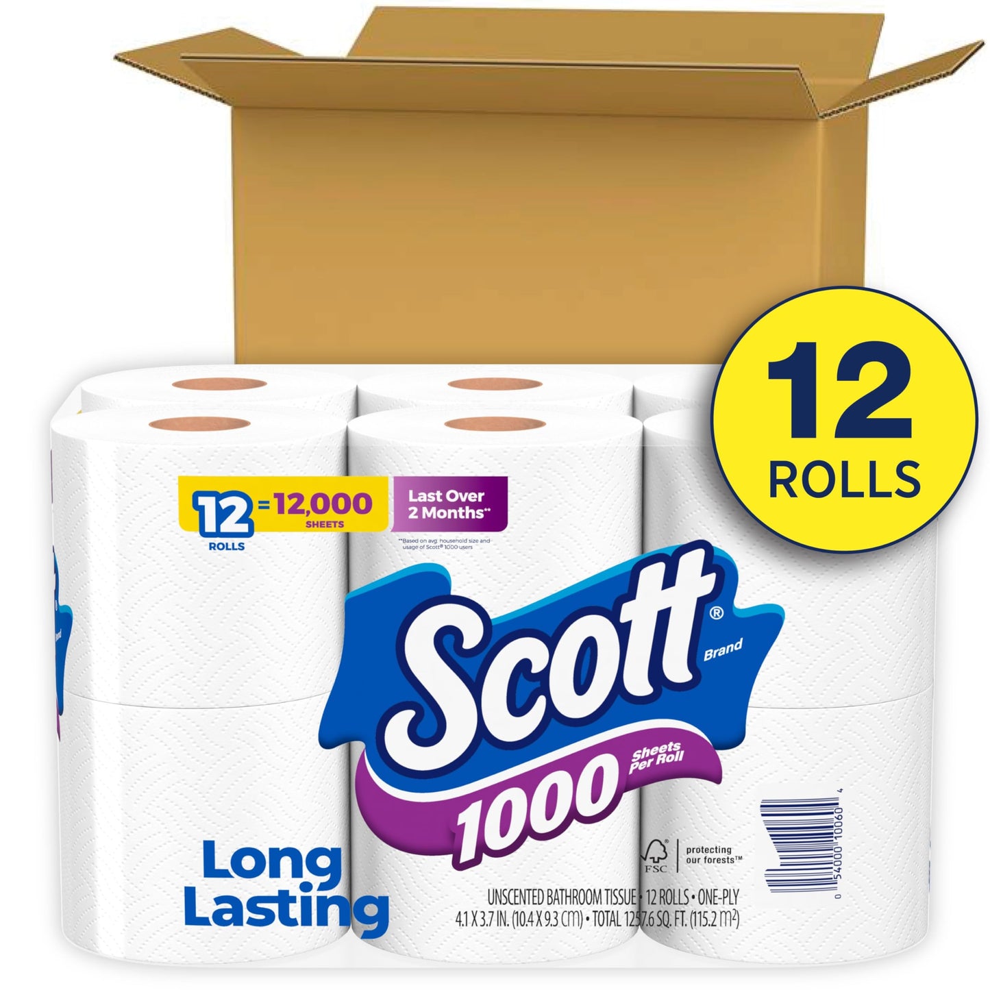 Scott 1000 Toilet Paper, 32 Rolls, Septic-Safe, 1-Ply Toilet Tissue