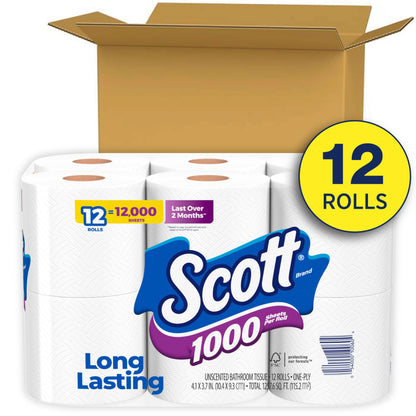 Scott 1000 Toilet Paper, 32 Rolls, Septic-Safe, 1-Ply Toilet Tissue