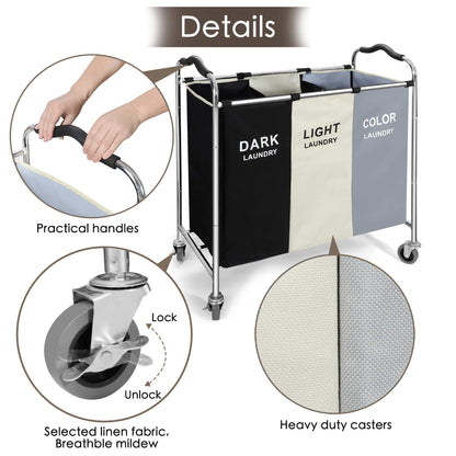 Wheeled 3-Section Laundry Cart - 240l Organizer